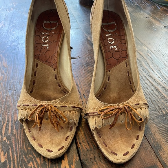 Christian Dior vintage camel suede moccasin style open toe pump size 9 - Picture 3 of 12